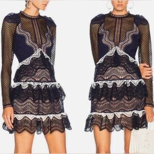 Self Portrait Wave Guipure Tiered Lace Mini Dress Blue Black Long Sleeve US 0